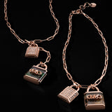 Michael Kors Rose Gold Plated Sterling Silver Pave And Grey Mother Of Pearl Locks Pendant On Paperclip Chain