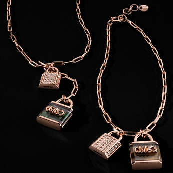 Michael Kors Rose Gold Plated Sterling Silver Pave And Grey Mother Of Pearl Locks Pendant On Paperclip Chain