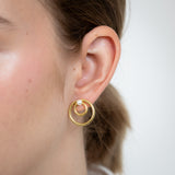 Sterling Silver Gold Plated Double Circle With Synthetic Pearl Stud Earrings