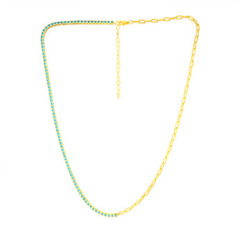 Sterling Silver Gold Plated Greenish Blue Zirconia Paperclip 45.7cm Chain