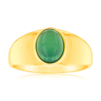 Sterling Silver Gold Plated Oval Created Green Agate Ring