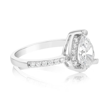 Sterling Silver Rhodium Plated Pear Shaped White Zirconia Ring