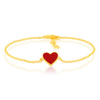 Sterling Silver Gold Plated Red Enamel Heart Charm 16+3cm Bracelet