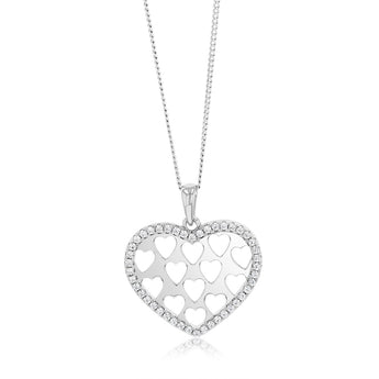 Sterling Silver Rhodium Plated Cubic Zirconia Patterned Heart Pendant