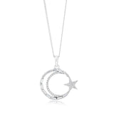 Sterling Silver Rhodium Plated Cubic Zirconia Star And Moon Round Pendant