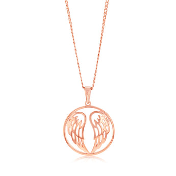 Sterling Silver Rose Gold Plated Angel Wings Round Pendant