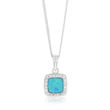 Sterling Silver Rhodium Plated Cubic Zirconia Created Blue Opal Square Pendant