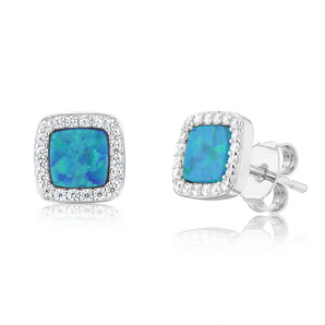 Sterling Silver Cubic Zirconia Created Blue Opal Square Stud Earrings