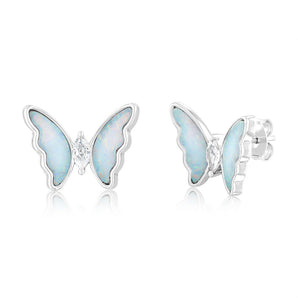 Sterling Silver Rhodium Plated Created White Opal Butterfly Stud Earrings
