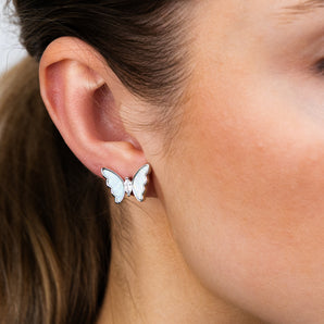 Sterling Silver Rhodium Plated Created White Opal Butterfly Stud Earrings