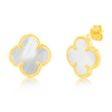 Sterling Silver Gold Plated White Shell Pearl Four Leaf Clover Stud Earrings