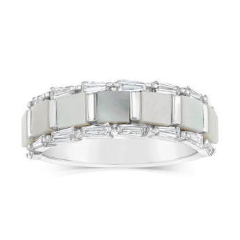Sterling Silver Rhodium Plated White Shell Pearl Fancy Ring