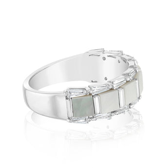 Sterling Silver Rhodium Plated White Shell Pearl Fancy Ring