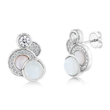Sterling Silver Rhodium Plated Cubic Zirconia Pink Shell Pearl Moonstone Fancy Stud Earrings