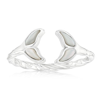 Sterling Silver Rhodium Plated White Shell Pearl Twisted Dolphin Tail Ring