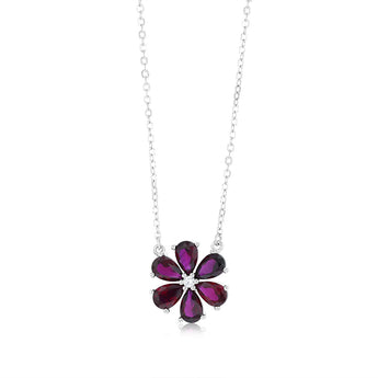 Sterling Silver Rhodium Plated Red Cubic Zirconia Flower Pendant On Chain