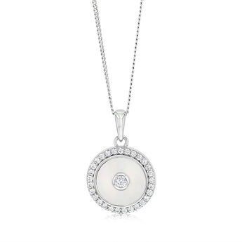 Sterling Silver Rhodium Plated Cubic Zirconia White Shell Pearl Round Pendant