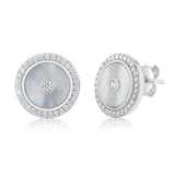 Sterling Silver Rhodium Plated Cubic Zirconia White Shell Pearl Round Stud Earrings