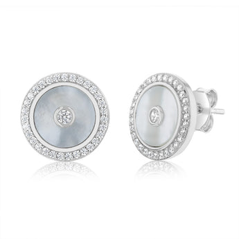 Sterling Silver Rhodium Plated Cubic Zirconia White Shell Pearl Round Stud Earrings