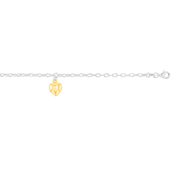 Sterling Silver Two Tone Heart Charm on 17+3cm Bracelet