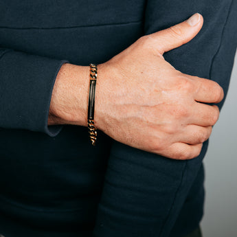 Sterling Silver Gold Plated Flat Curb Black Patterned ID Plate 20cm Bracelet