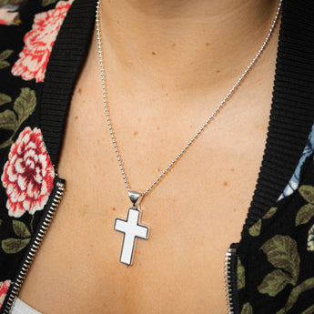 Sterling Silver Agate Paste White Cross On 50cm Ball Chain