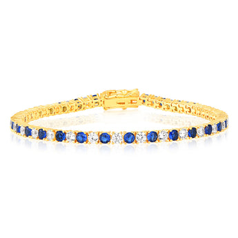 Sterling Silver Gold Plated 3mm White And Sapphire Blue Cubic Zirconia 19cm Bracelet