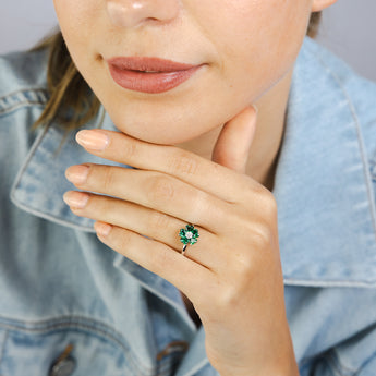 Sterling Silver Rhodium Plated White And Green Cubic Zirconia Flower Ring