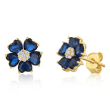 Sterling Silver Gold Plated White And Sapphire Blue Cubic Zirconia Flower Stud Earrings