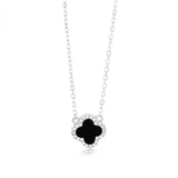 Sterling Silver Rhodium Plated Clover Black Agate And White CZ Pendant On 40-45cm Chain