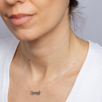 Personalised Sterling Silver Name Pendant with Cubic Zirconia on 40cm Chain - February
