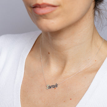 Personalised Sterling Silver Name Pendant with Cubic Zirconia on 40cm Chain - August