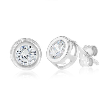 Sterling Silver Cubic Zirconia 6mm Bezel Set Stud Earrings