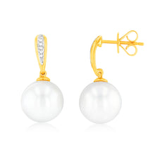 Load image into Gallery viewer, Pacific&#39; 9ct Yellow Gold White South Sea Pearl &amp; Diamond Drop Earrings
