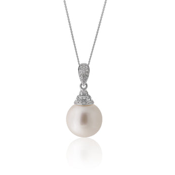 Sterling Silver 12-13mm South Sea Pearl and Zirconia Pendant with 45cm Chain