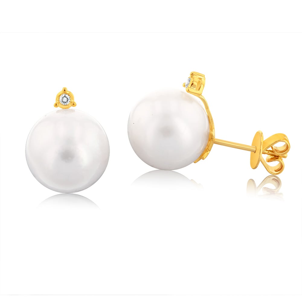 9ct Yellow Gold White South Sea Pearl and Diamond Stud Earrings