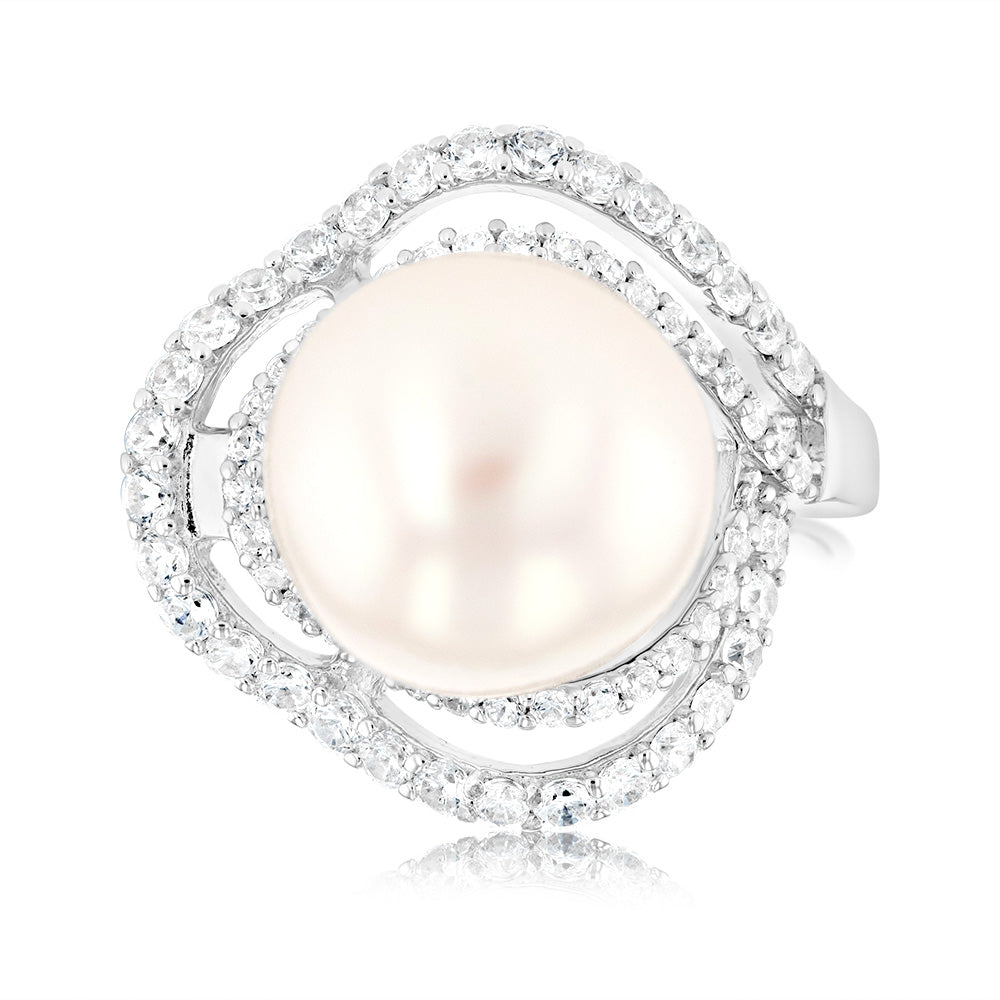 Sterling Silver Rhodium Plated 12-12.5mm White FW Button Pearl & CZ Ring
