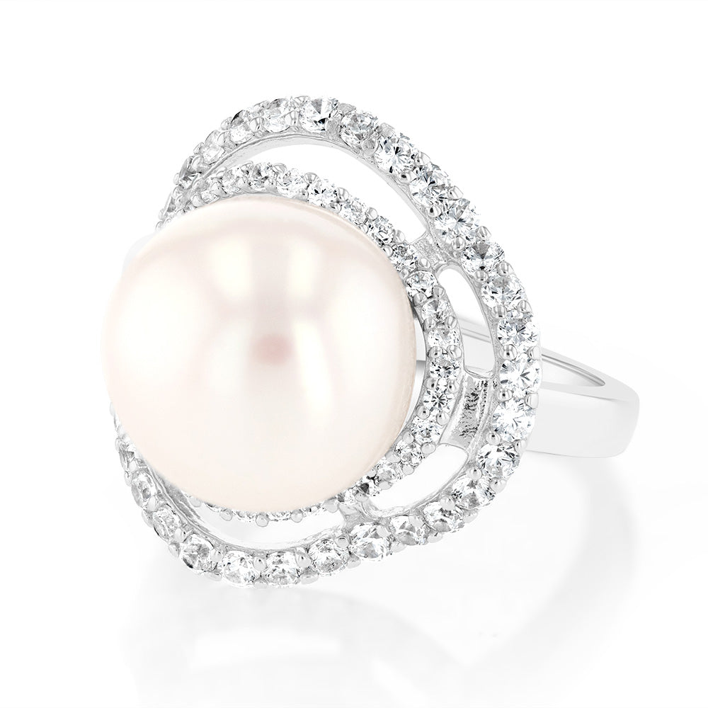 Sterling Silver Rhodium Plated 12-12.5mm White FW Button Pearl & CZ Ring