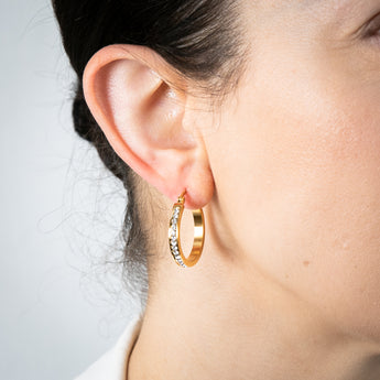 Stainless Steel 25mm Half Circle Yellow Gold Plated Crystal Hoop Earrings