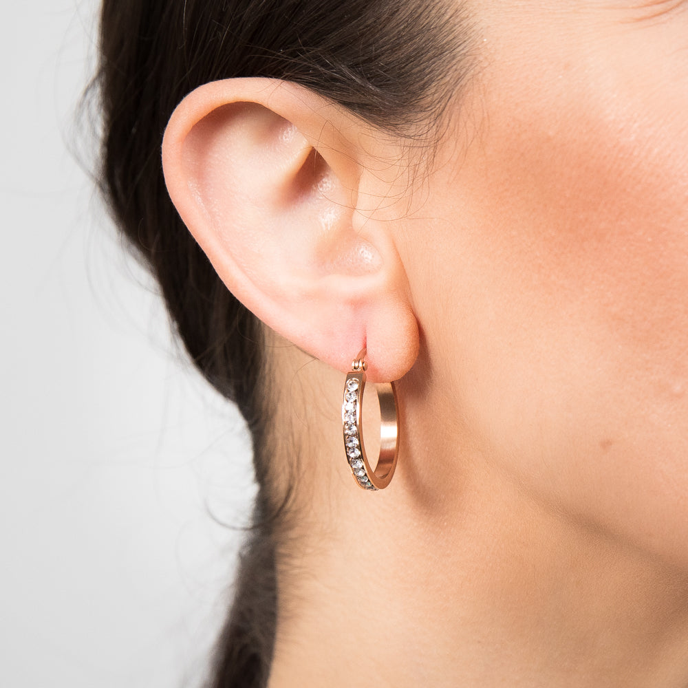 Stainless Steel 25mm Half Circle Rose Gold Plated Crystal Hoop Earrings