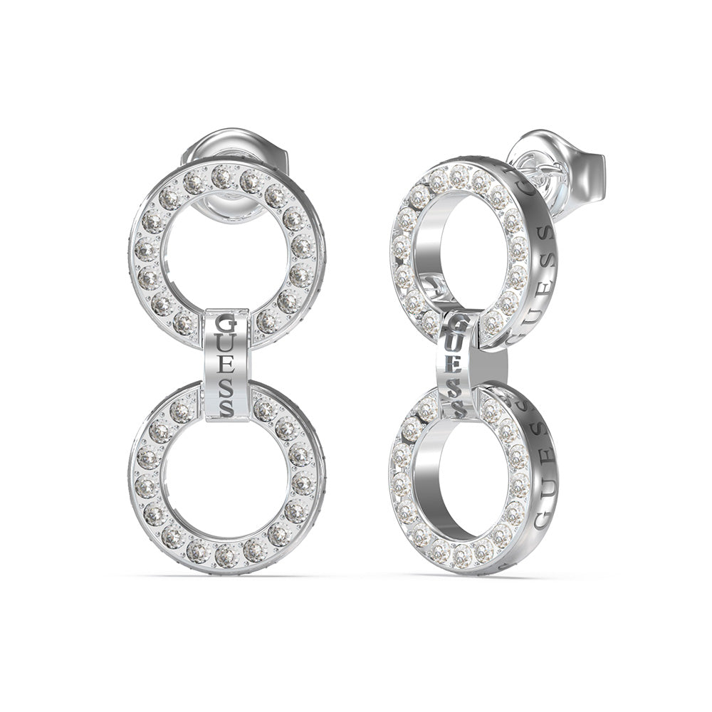 Guess Rhodium Plated Stainless Steel 30mm Double Pave Circle Drop Earrings