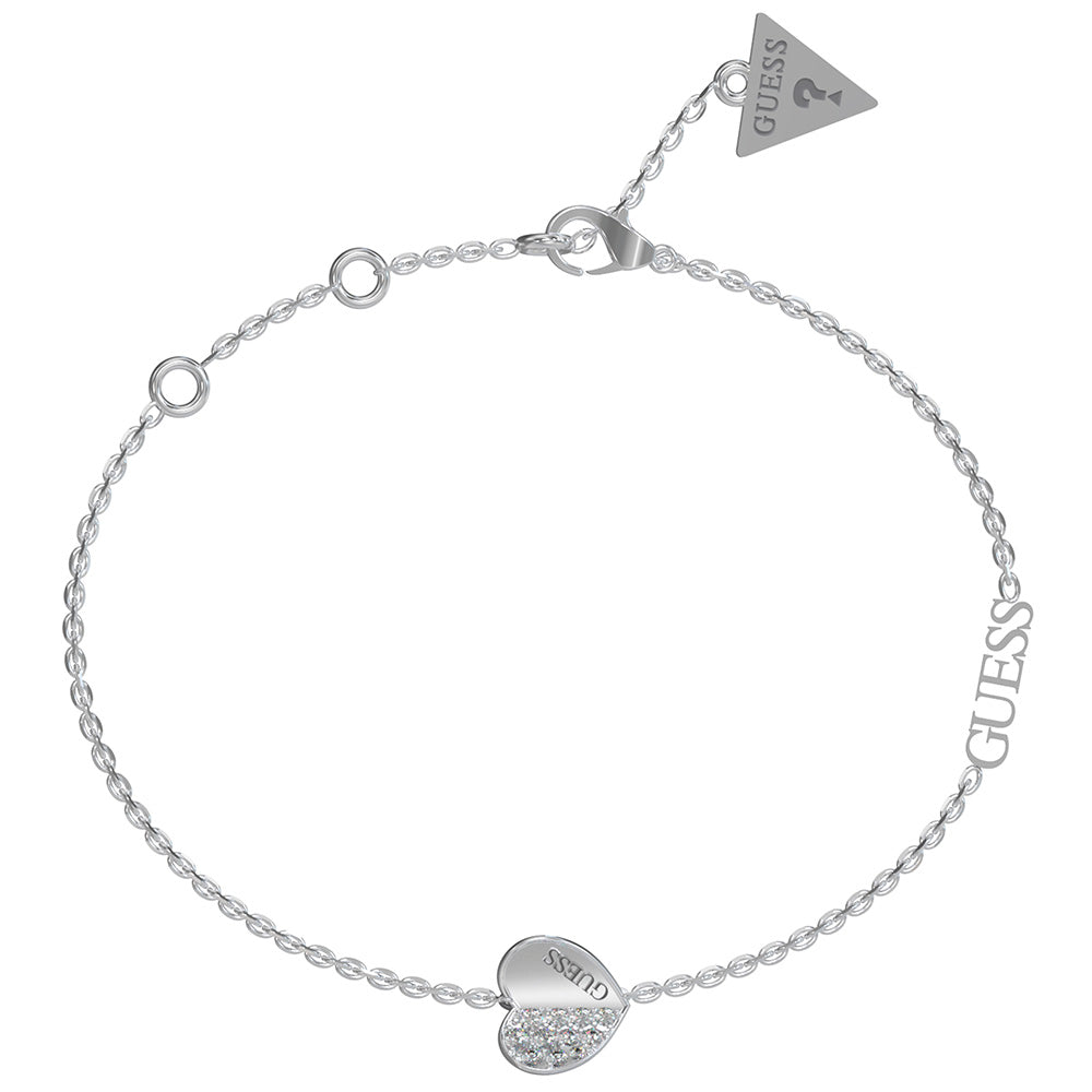 Guess Rhodium Plated Stainless Steel Plain & Pave Heart Charm Bracelet