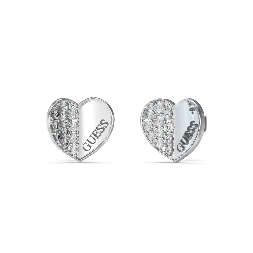 Guess Rhodium Plated Stainless Steel 12mm Plain & Pave Heart Stud Earrings