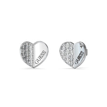 Load image into Gallery viewer, Guess Rhodium Plated Stainless Steel 12mm Plain &amp; Pave Heart Stud Earrings