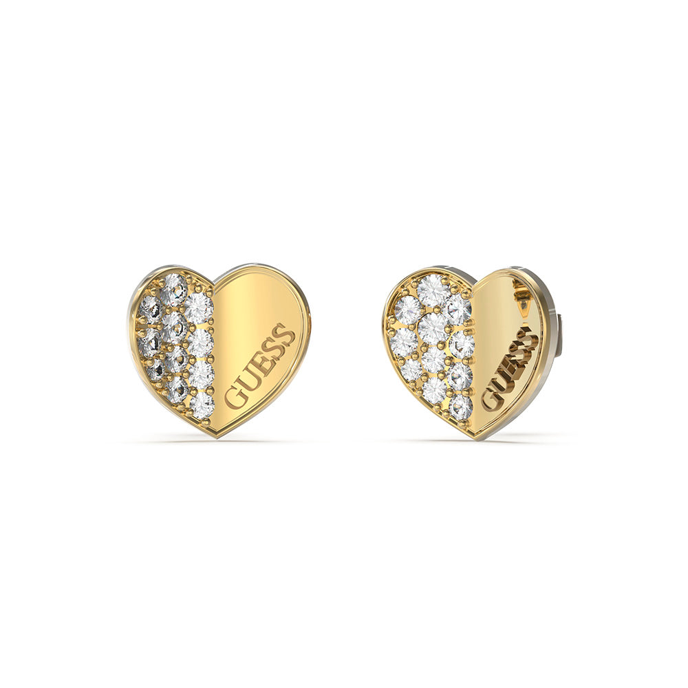 Guess Gold Plated Stainless Steel 12mm Plain & Pave Heart Earrings