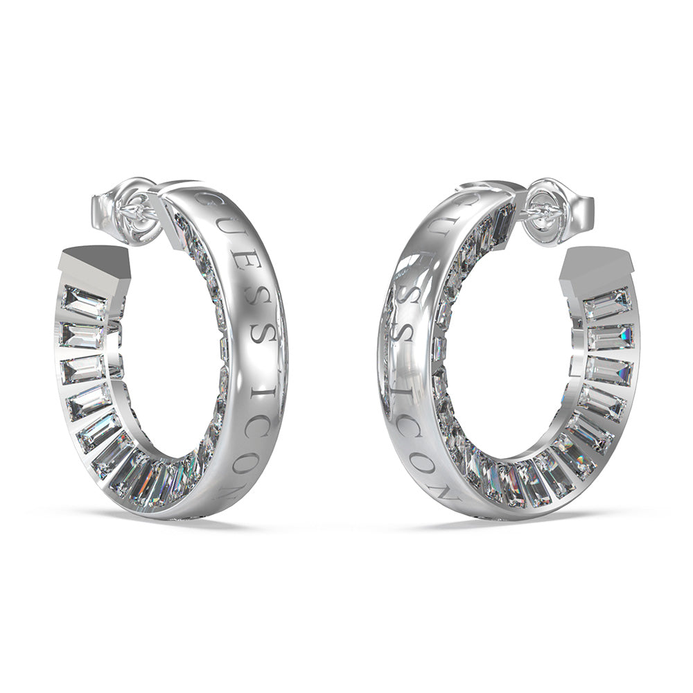 Guess Rhodium Plated Stainless Steel 25mm Clear Baguette Hoop Earrings