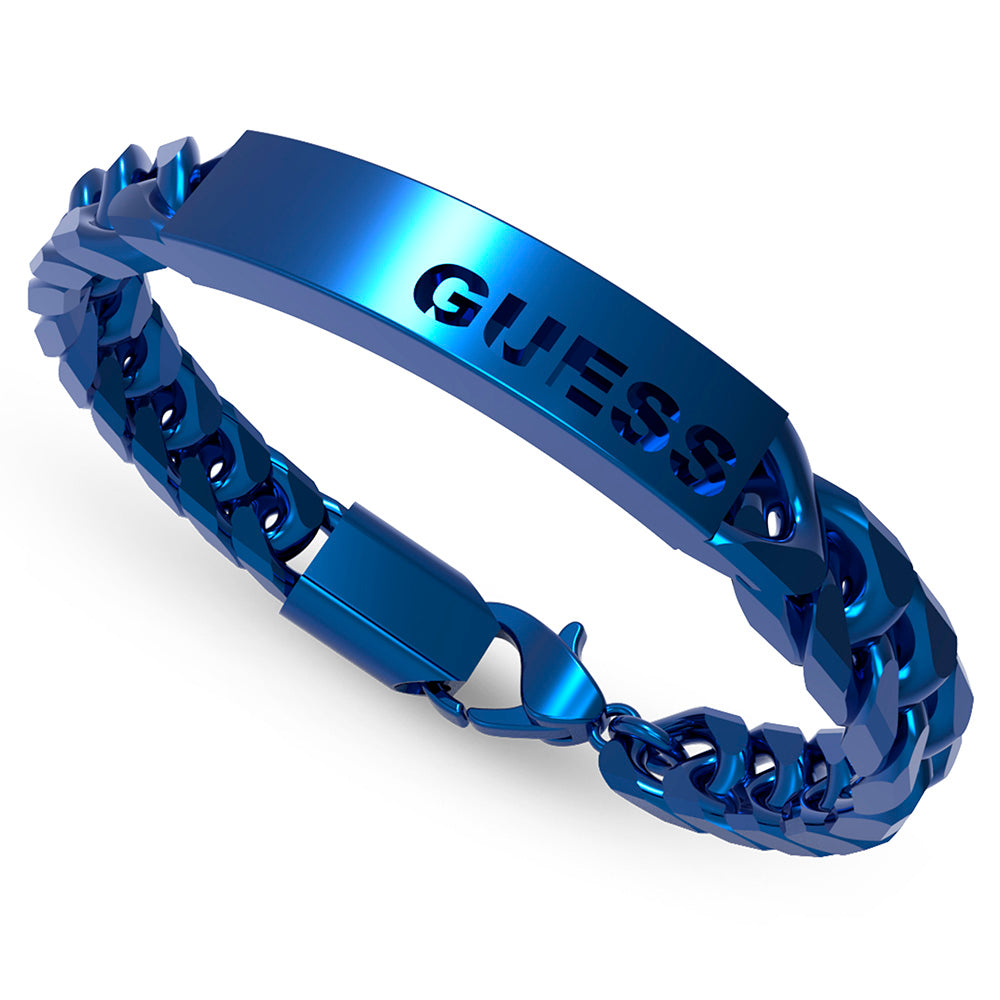Guess Mens Jewellery Blue Coloured Stainess Steel 8mm Logo Tag Bracelet