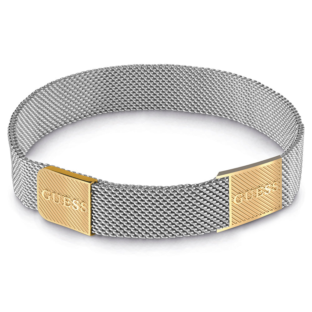 Guess Mens Jewellery Gold Plated Stainless Steel 12mm Mesh & Squared Logo Bracelet