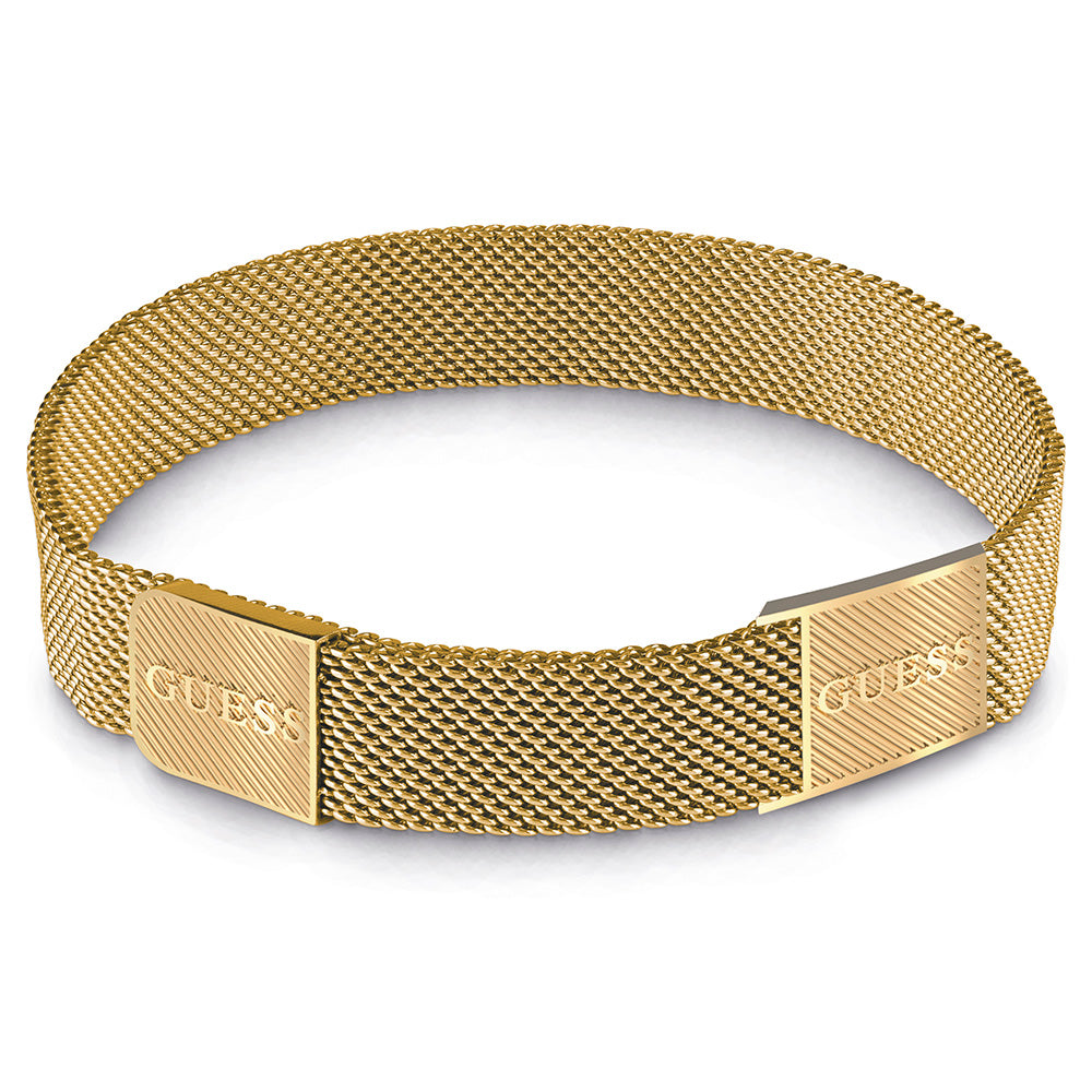 Guess Mens Jewellery Gold Plated Stainless Steel 12mm Mesh Squared Logo Bracelet