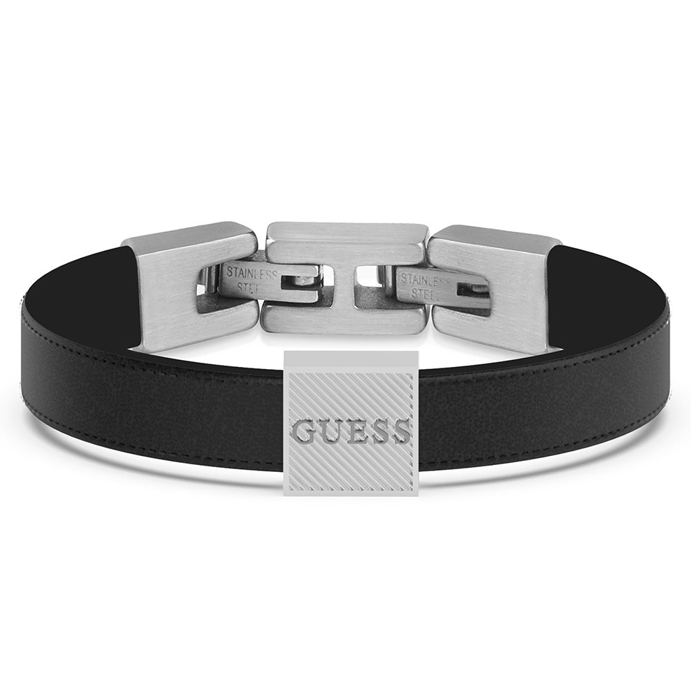 Guess Mens Jewellery Stainless Steel 10mm Squared Logo Black Bracelet